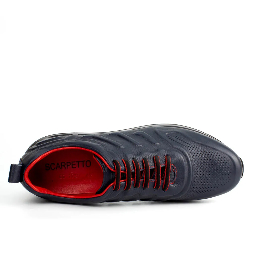 Sneakers Market Dark Blue Leather Sneakers with Red Details | Platform High Sole