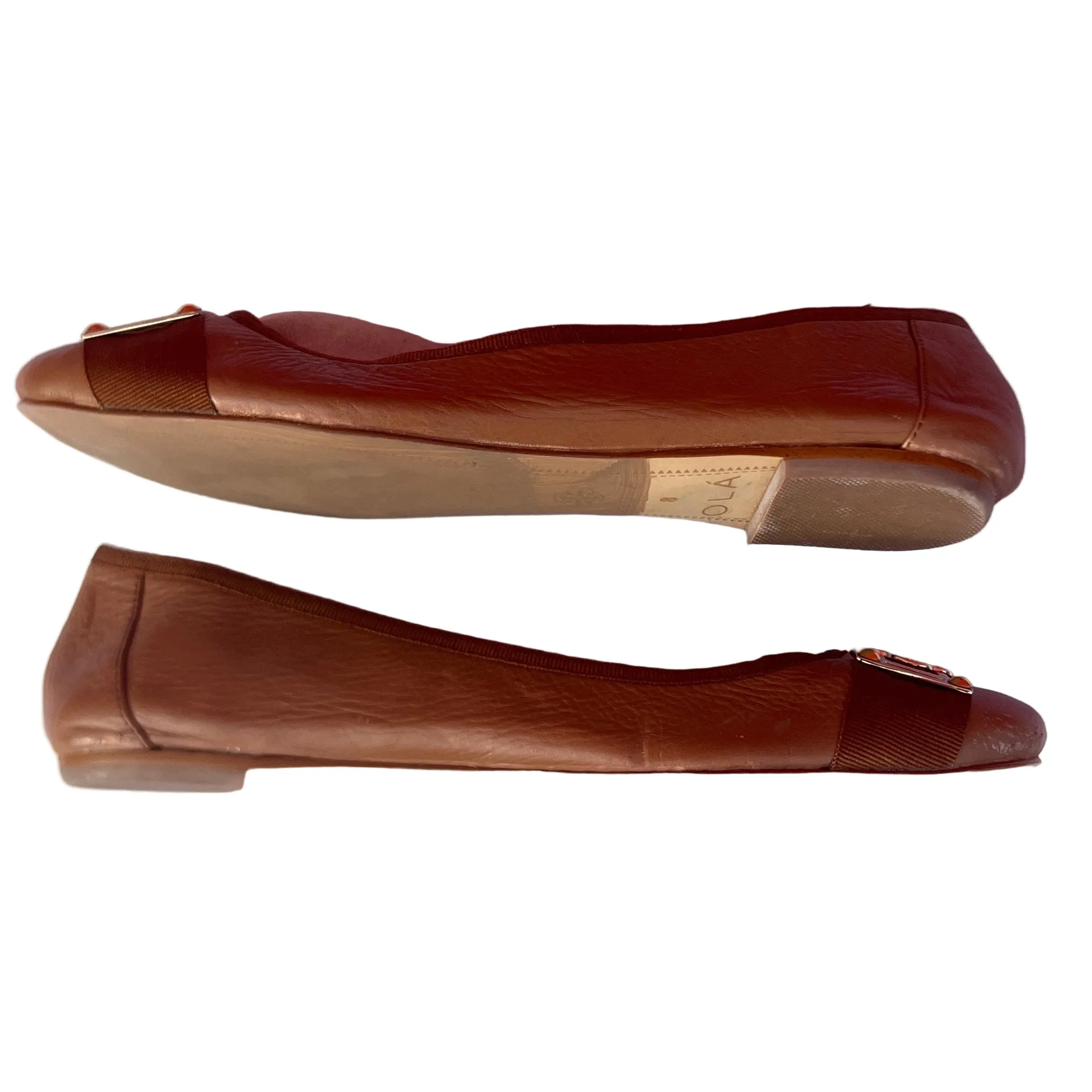 Womans Isola Bricen Signature Flat 8M Tan Leather Brown Shoes Flats