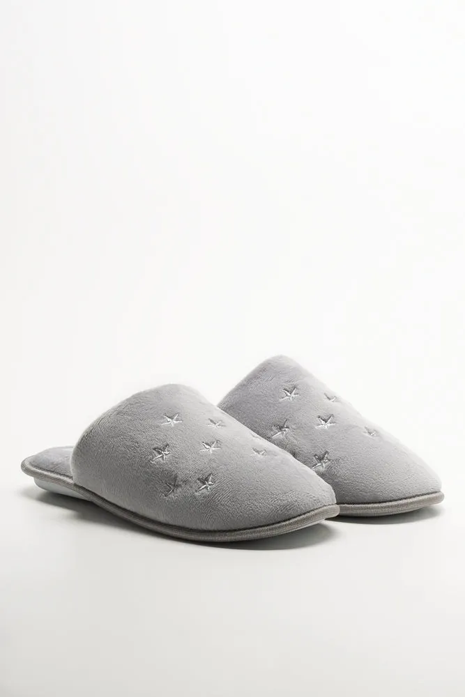 Star Trim Closed Toe Slippers Grey Flat Shoes Older