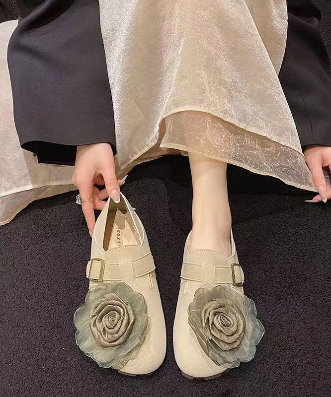 Khaki Floral Faux Leather Soft Splicing Flat Shoes For Women DD1065 Flat Lace Shoes