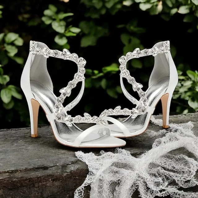 High Heel Women's Sandals with Satin Pink Floral Rhinestone