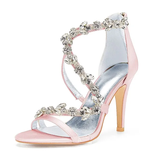 High Heel Women's Sandals with Satin Pink Floral Rhinestone