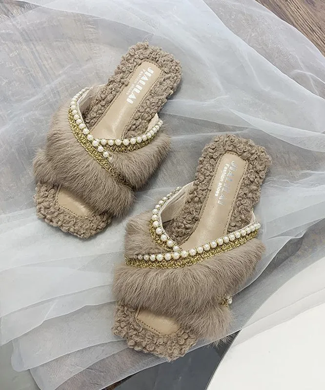Elsa Frozen Slippers Stylish Splicing Fuzzy Fur Slippers Shoes Brown Nail Bead WT010