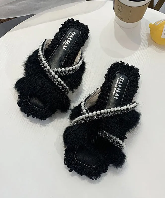Stylish Splicing Fuzzy Fur Slippers Shoes Brown Nail Bead WT010 Ballet Slippers Svg
