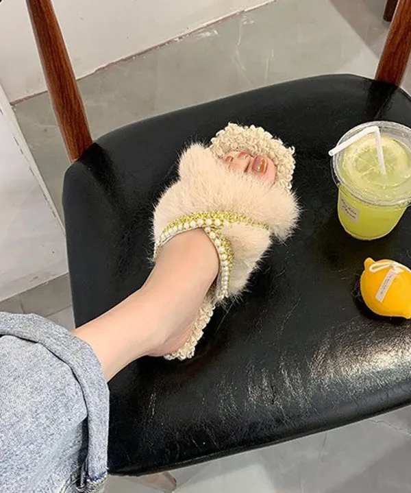 Stylish Splicing Fuzzy Fur Slippers Shoes Brown Nail Bead WT010 Nor