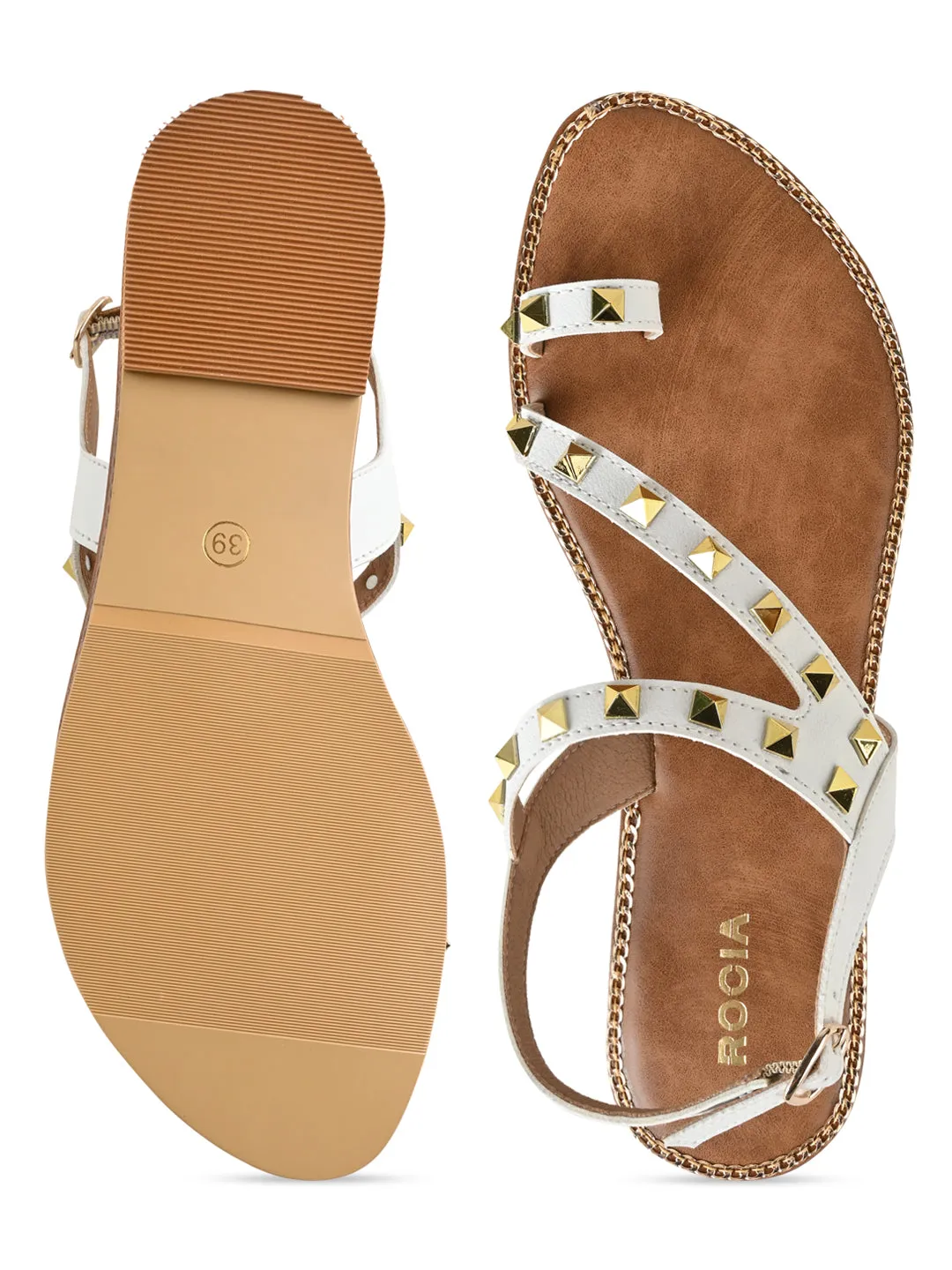 Rocia By Regal White Women Studded Flat Sandals Flat Sole Shoes For Lifting