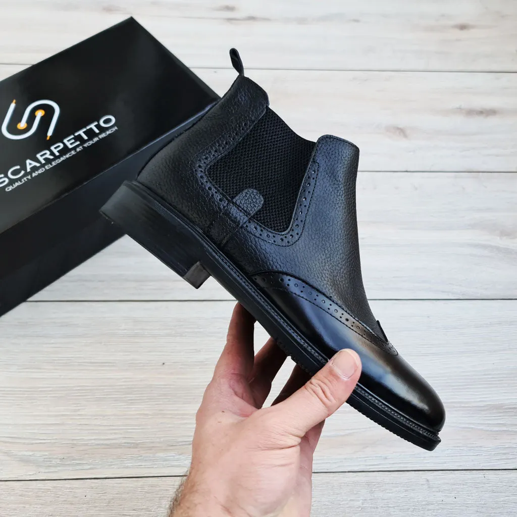 Rosso Black Men's Genuine Leather Wingtip Ankle Boots Hey Dudes Boots