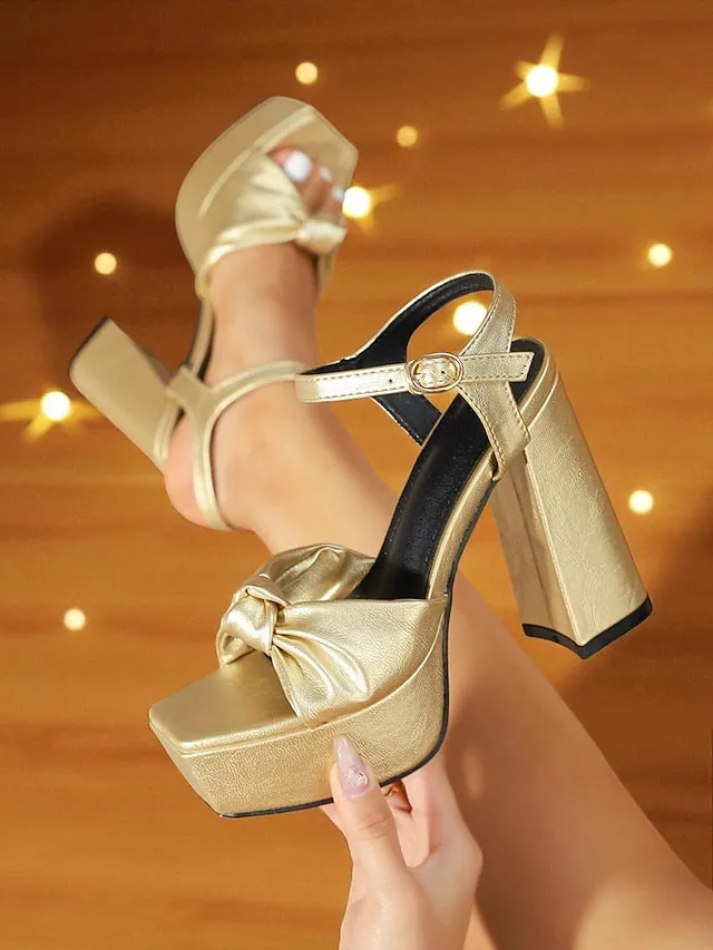 Pointe High Heels Sandals High Chunky Platform Heel Block Women's - Gold