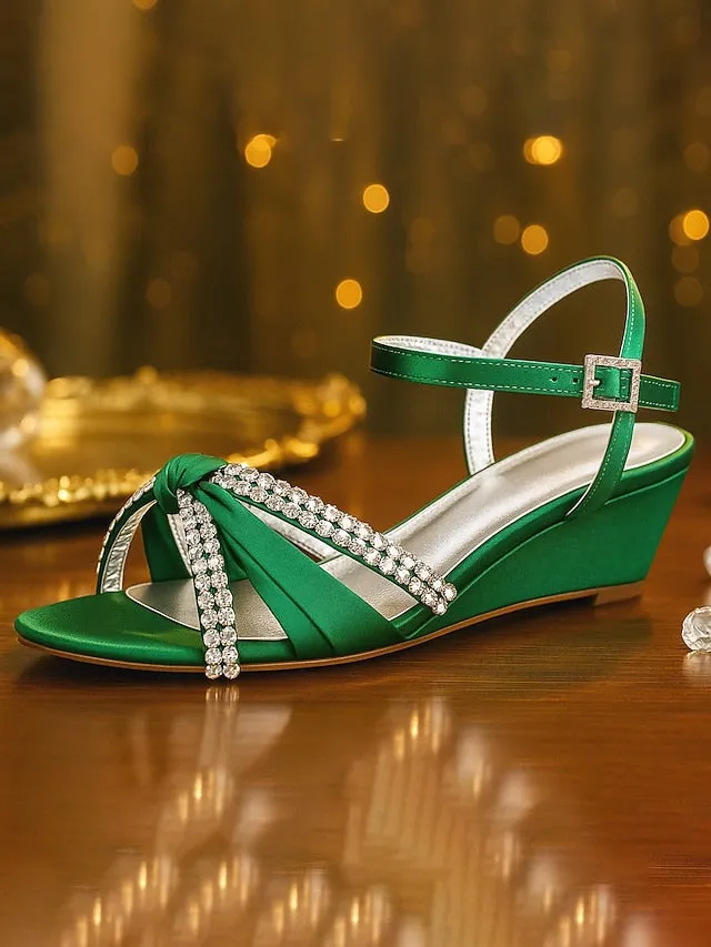 Satin Wedge Women's Dress - Sandals Knot Rhinestone Green