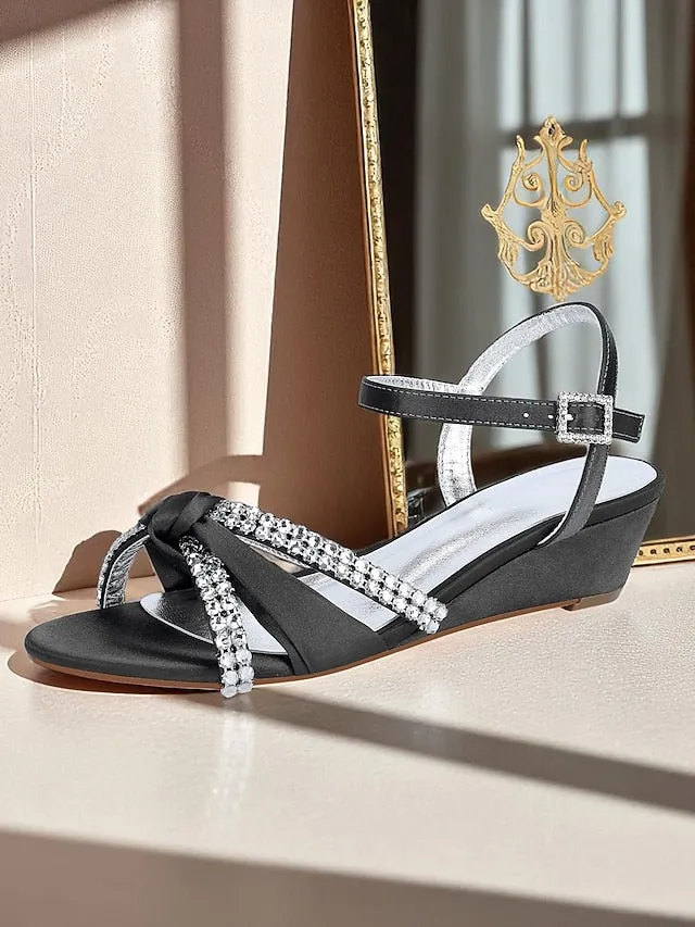 Satin Wedge Women's Dress - Sandals Knot Rhinestone Green