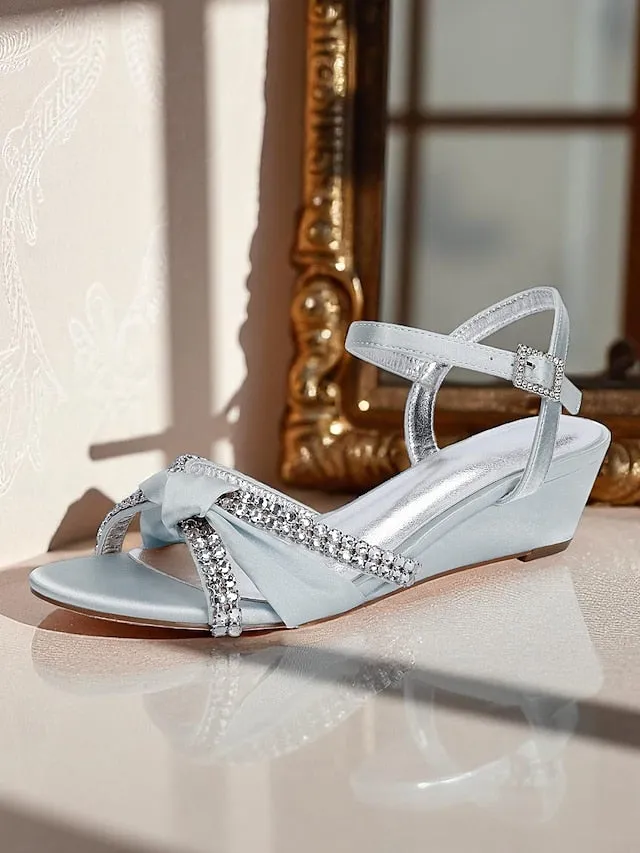 Satin Wedge Women's Dress - Sandals Knot Rhinestone Green