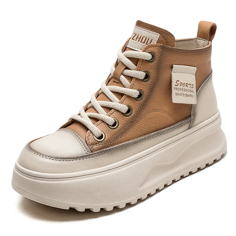 Women Fashion Leather Thick Soled High Top Skate Shoes Lace Up Knee High Boots Heels