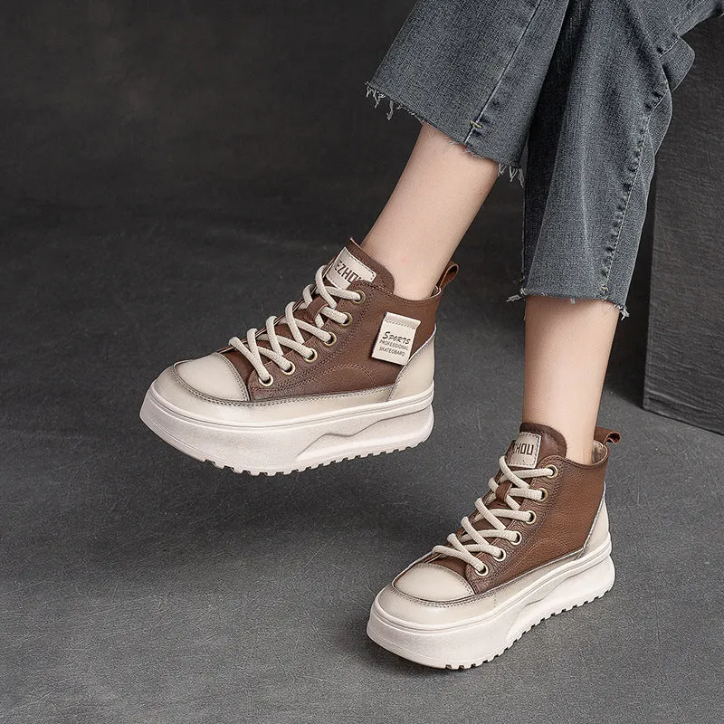 High Heels With Jeans Women Fashion Leather Thick Soled High Top Skate Shoes