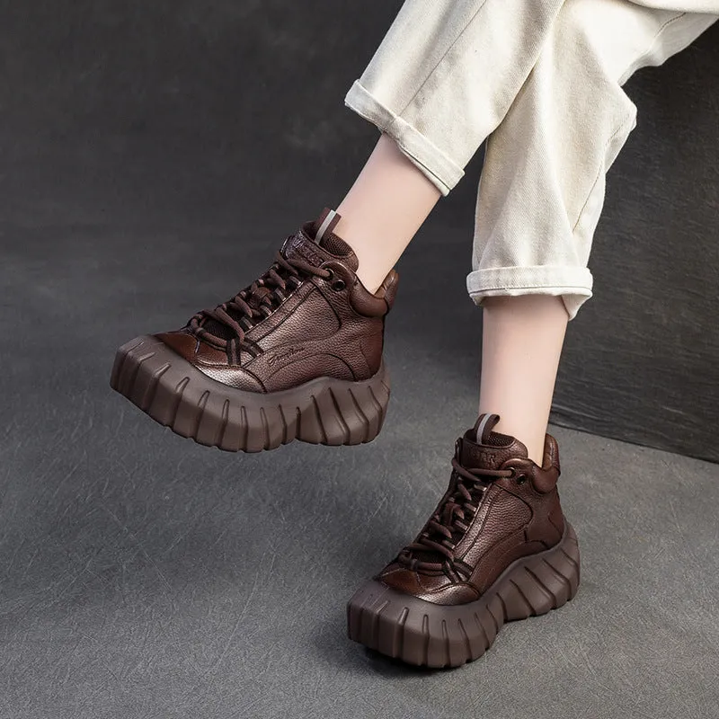 Women Vintage Leaether Winter Furred High Top Casual Shoes Type Of Heels