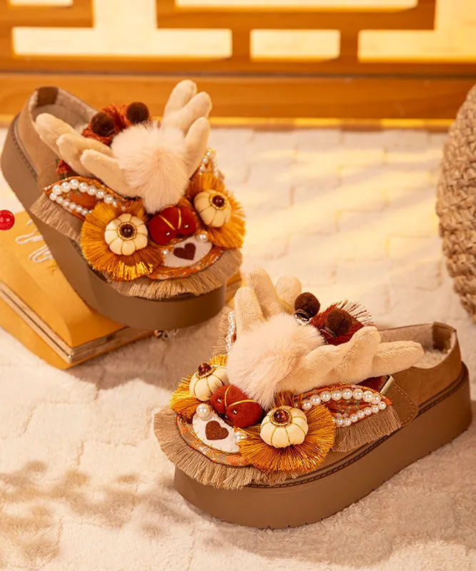 At Wool Slippers Handmade Splicing Platform Slippers Shoes Brown Fuzzy Wool Lined TQ050