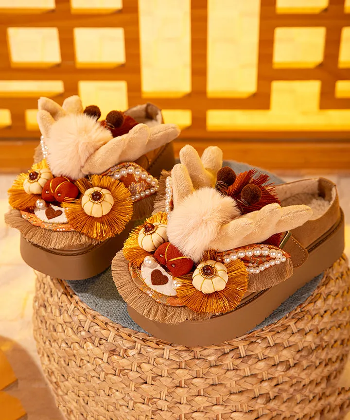 Handmade Splicing Platform Slippers Shoes Brown Fuzzy Wool Lined TQ050 Wooden Slippers Japan