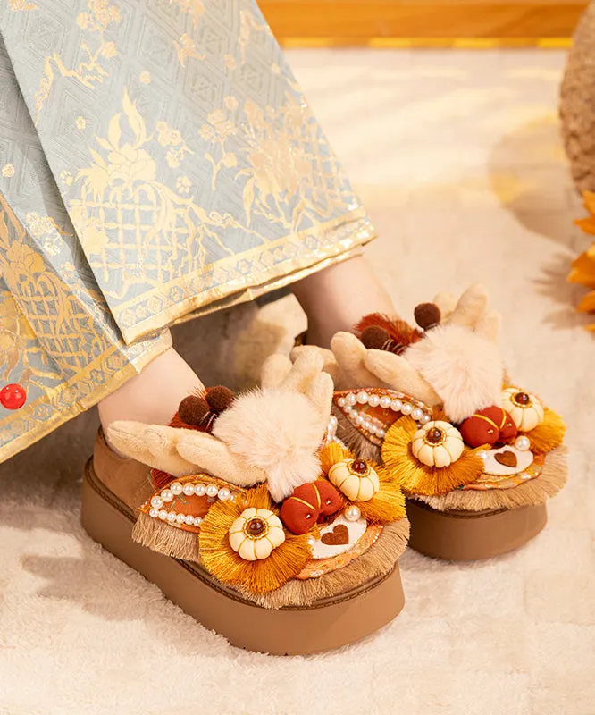 Leather Platform Slides Handmade Splicing Platform Slippers Shoes Brown Fuzzy Wool Lined TQ050