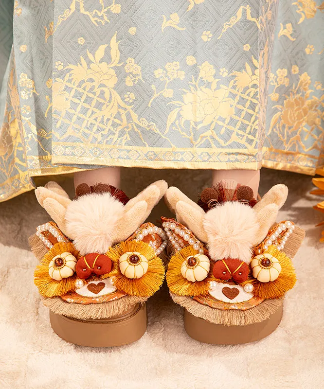 Handmade Splicing Platform Slippers Shoes Brown Fuzzy Wool Lined TQ050 Top Drawer Slippers