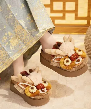 Slippers With Removable Bottoms Handmade Splicing Platform Slippers Shoes Brown Fuzzy Wool Lined TQ050