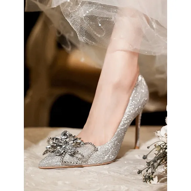 Silver Glitter Sparkling Heels Women Wedding  for High Shoes