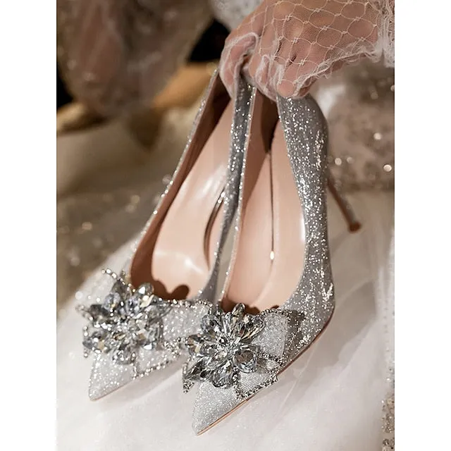 Silver Glitter Sparkling Heels Women Wedding  for High Shoes