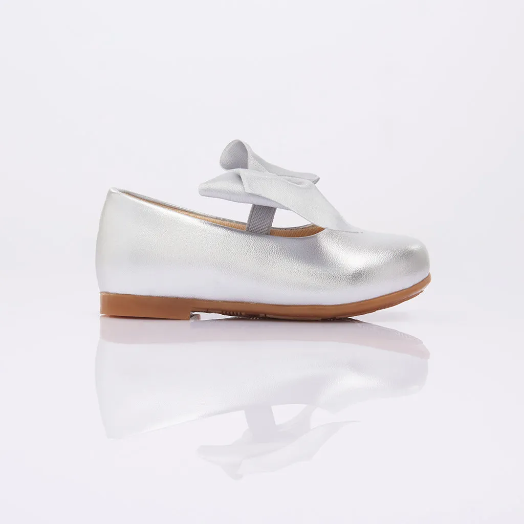 Silver Satin Elastic Bow Flats Appropriate Business Casual Shoes
