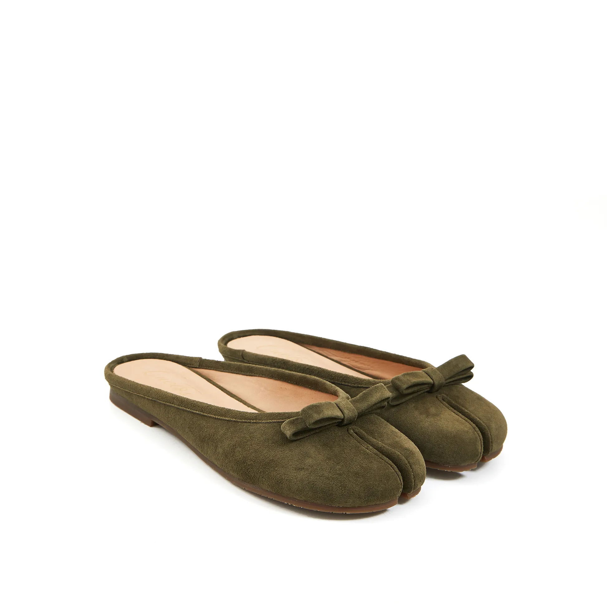 Tabitha Flat Tabi Mule in Kid Suede- Military Green Dressy Flat Shoes For Wedding Guest