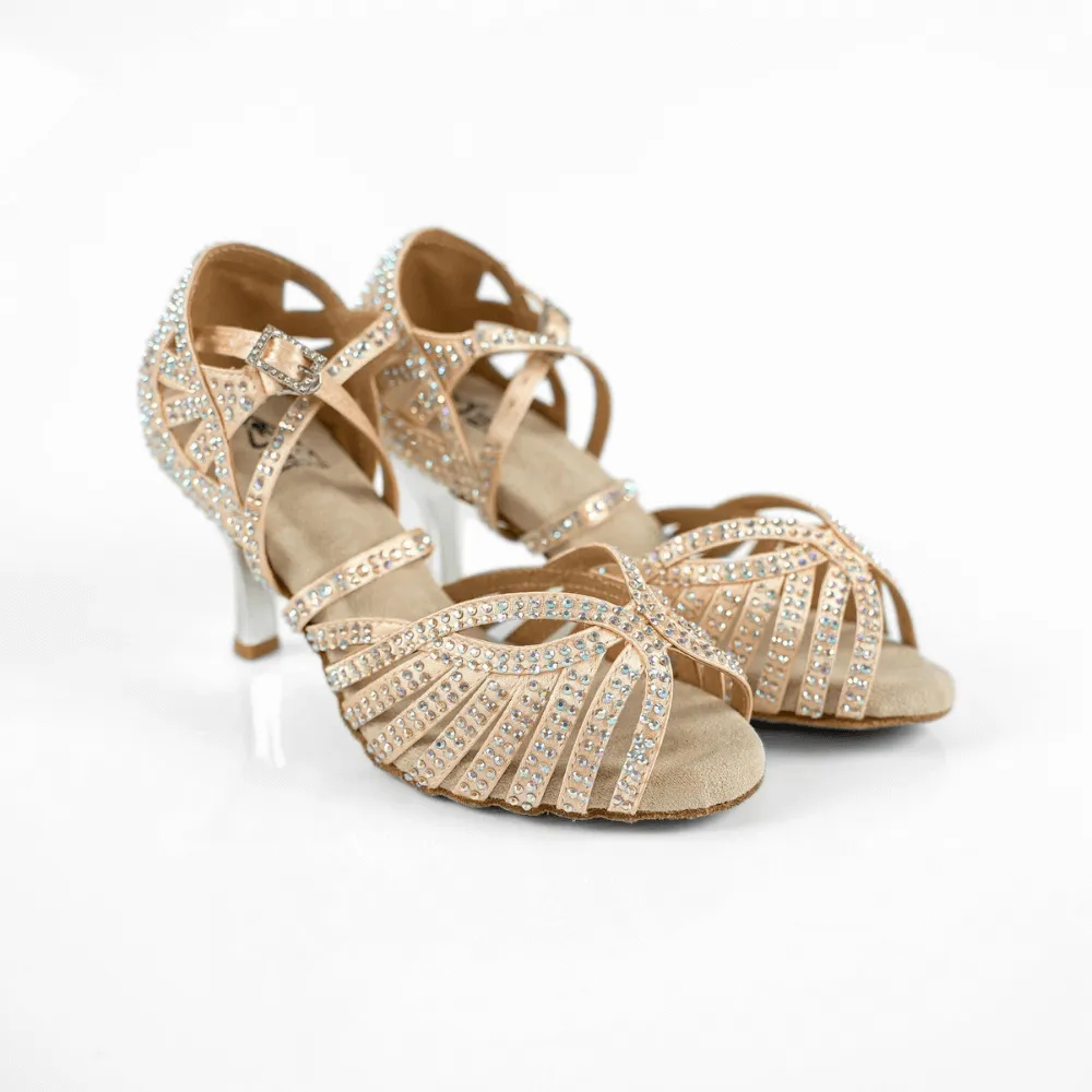 Abelia Nude Rhinestone Double Padded Latin Dance Shoes (Suede Sole) Cork Heels