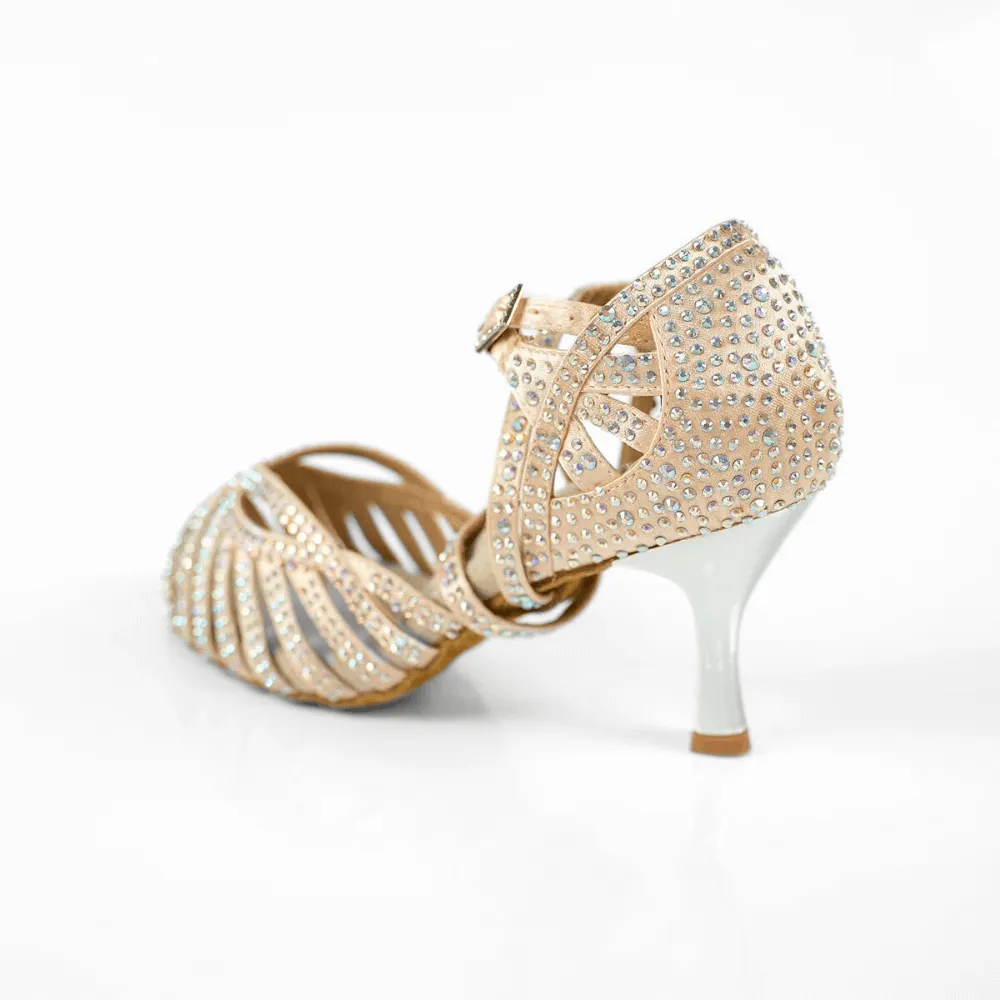 High Heels Tattoo Abelia Nude Rhinestone Double Padded Latin Dance Shoes (Suede Sole)