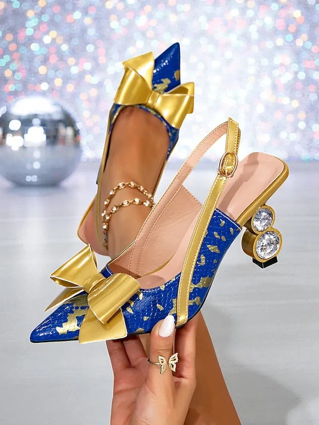Heeled Sandals Slingback Blue Gold and High Bow Pumps Women's Heel -