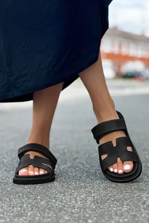 Sandals With A Little Heel Black PU Designer Strap Sandals (PACK A)