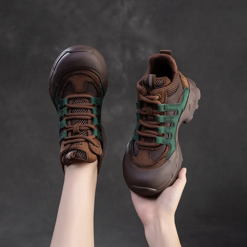 Women Fashion Color Matching Leather High Top Casual Shoes High Heeled Wedge Shoes