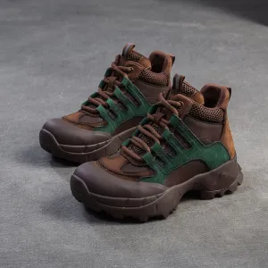 Women Fashion Color Matching Leather High Top Casual Shoes Western Boots With Heel