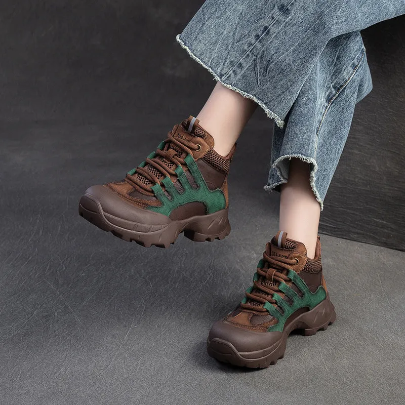 Women Fashion Color Matching Leather High Top Casual Shoes Miniature High Heels