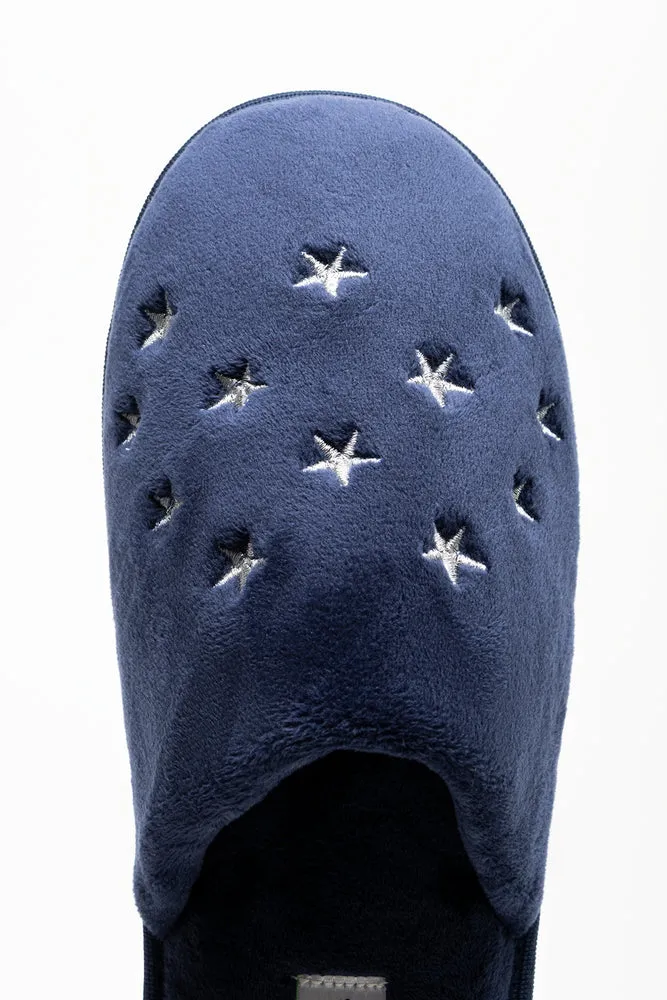 Star Trim Closed Toe Slippers Navy Dressy Flat Shoes