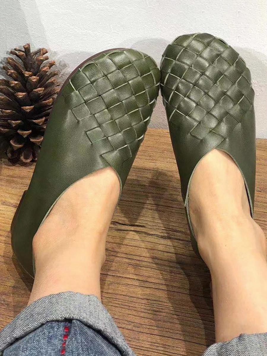 Leather Women Solid Color Woven Round Toe Flat Shoes HH026 Flat Shoes For Formal Wear