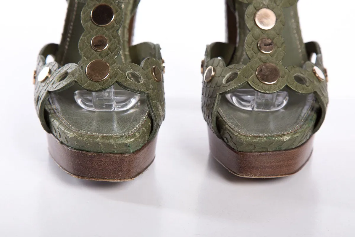 Dressy Wedge Sandals Sergio Rossi Green Snakeskin Sandals SZ 36