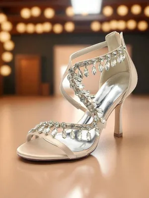 High Heels On My Tippy Song Sandals with Rhinestone White Strappy High Heel Women's