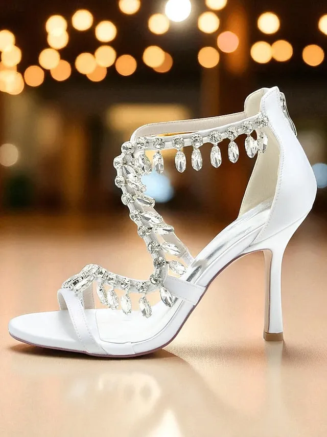 Sandals with Rhinestone White Strappy High Heel Women's