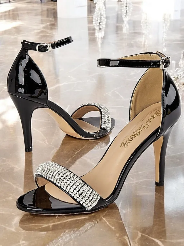 Leather Sandals Heel Black with High Rhinestone Patent National Day