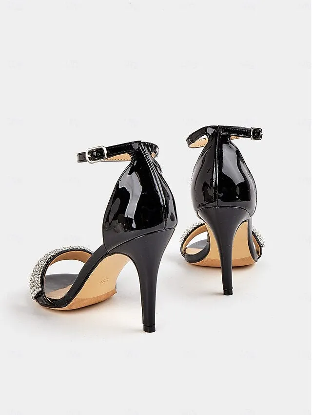 Leather Sandals Heel Black with High Rhinestone Patent 2 3 Inch High Heels