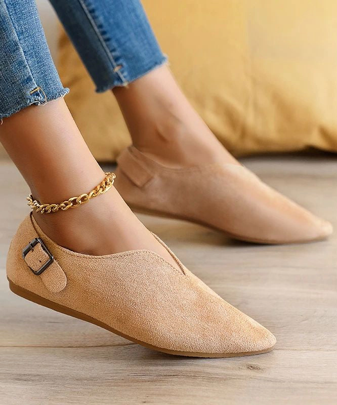 Suede Khaki Women Splicing Flat Shoes For Pointed Toe AP1033 Flat Lace Up Dress Shoes
