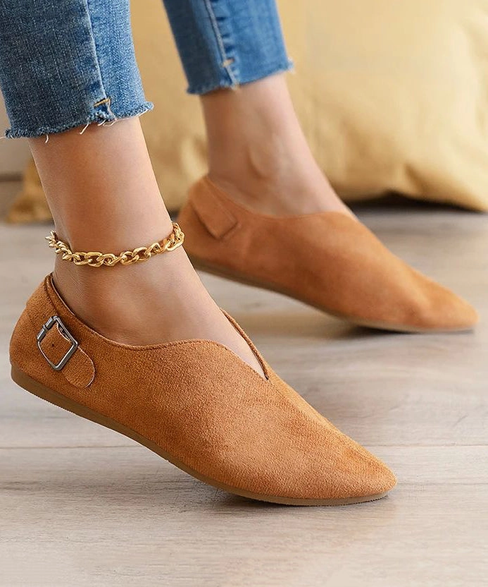Flat Non Slip Shoes Suede Khaki Women Splicing Flat Shoes For Pointed Toe AP1033