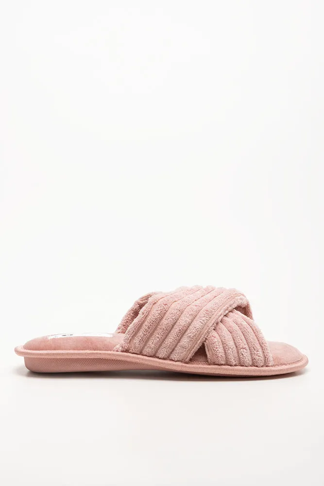 Laser Cut Flat Shoes Rib Open Toe Slippers Pink