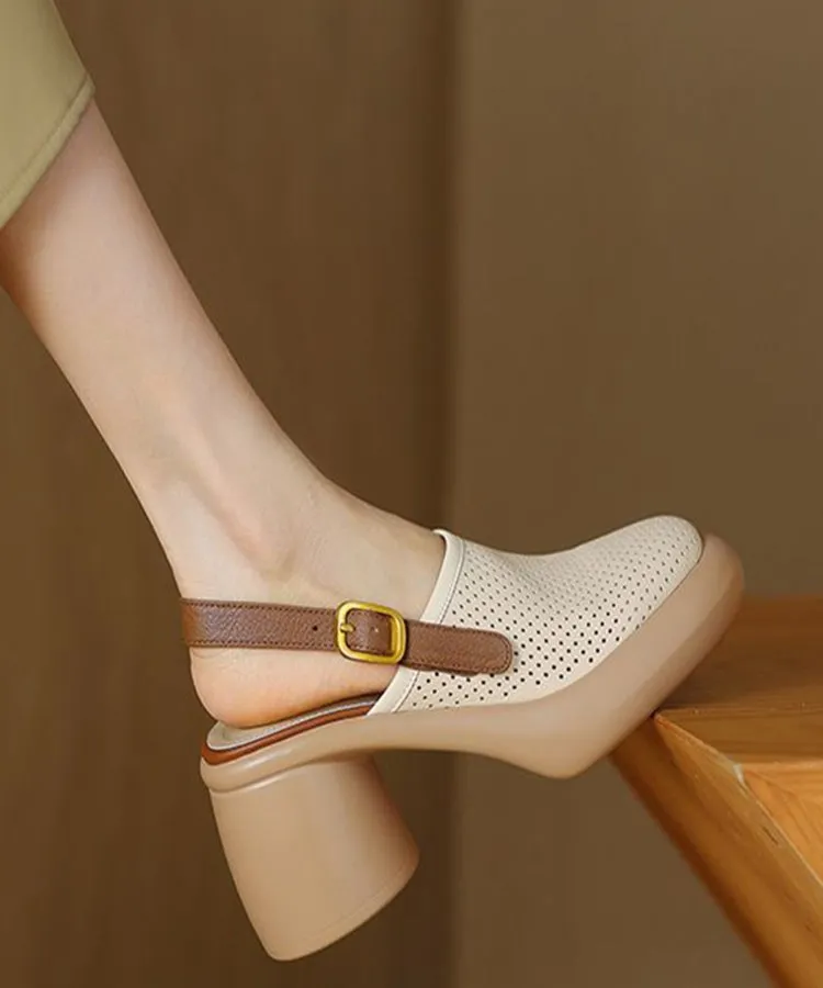 Sandals Flat Closed Toe Classy Beige Faux Leather Hollow Out Chunky Sandals JJ079