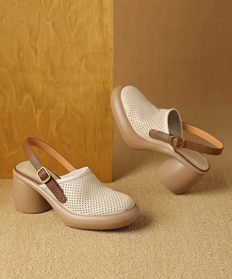 Sandals For Sale Classy Beige Faux Leather Hollow Out Chunky Sandals JJ079