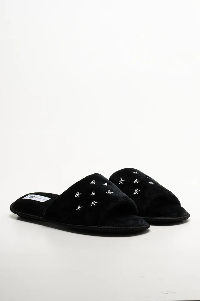 Flat Designer Bridal Shoes Mini Bow Open Toe Slippers Black