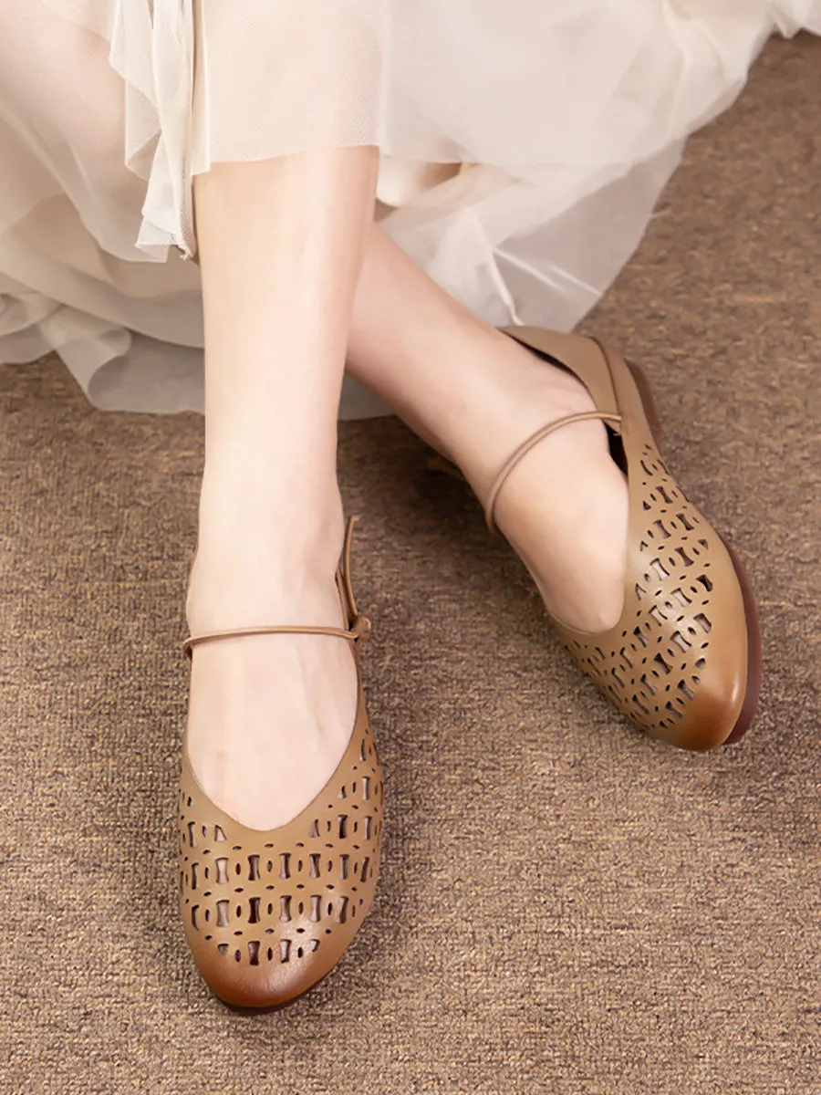 Women Artsy Summer Genuine Leather Cutout Flat Shoes LL052 Striped Flat Shoes