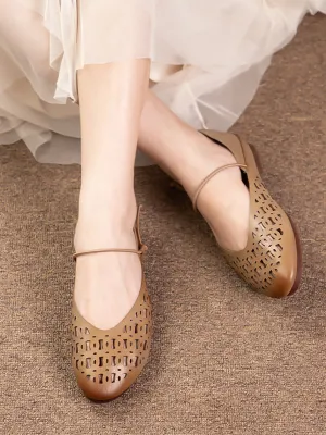Women Artsy Summer Genuine Leather Cutout Flat Shoes LL052 Curved Shoes For Flat Feet