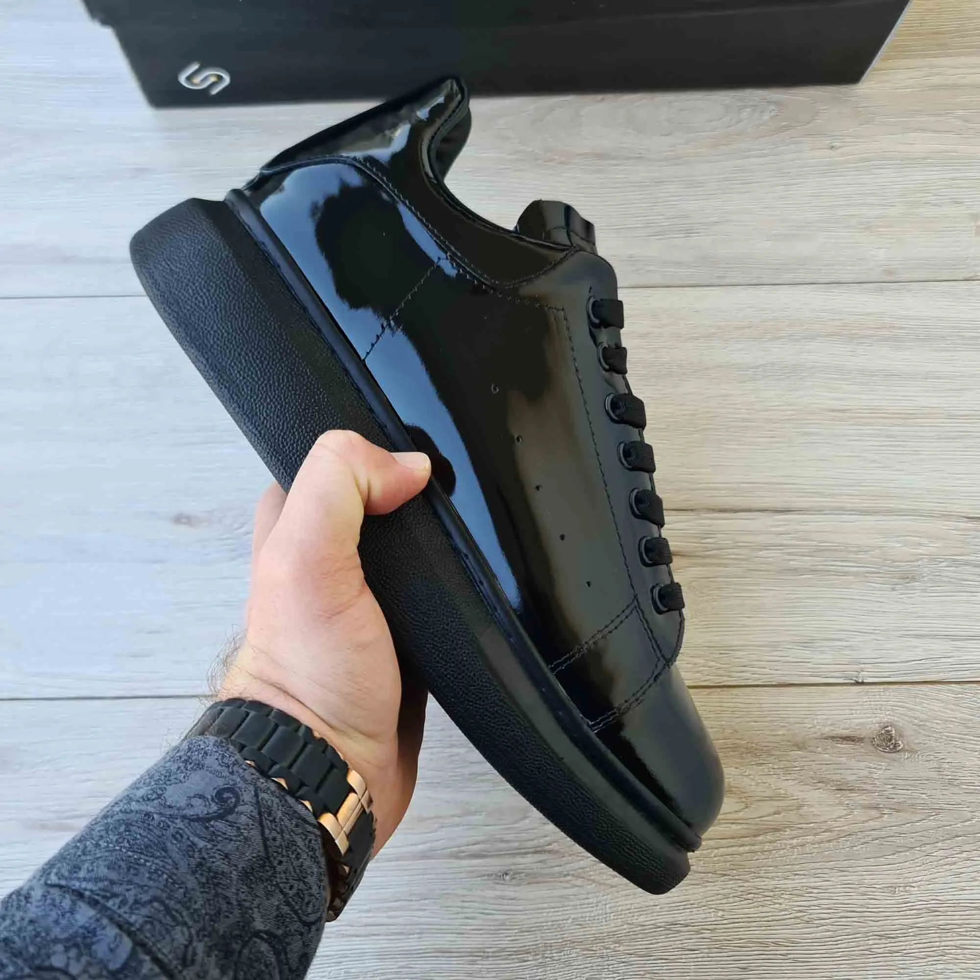 Painting Sneakers Lift Black Patent Leather Sneakers | Platform High Sole